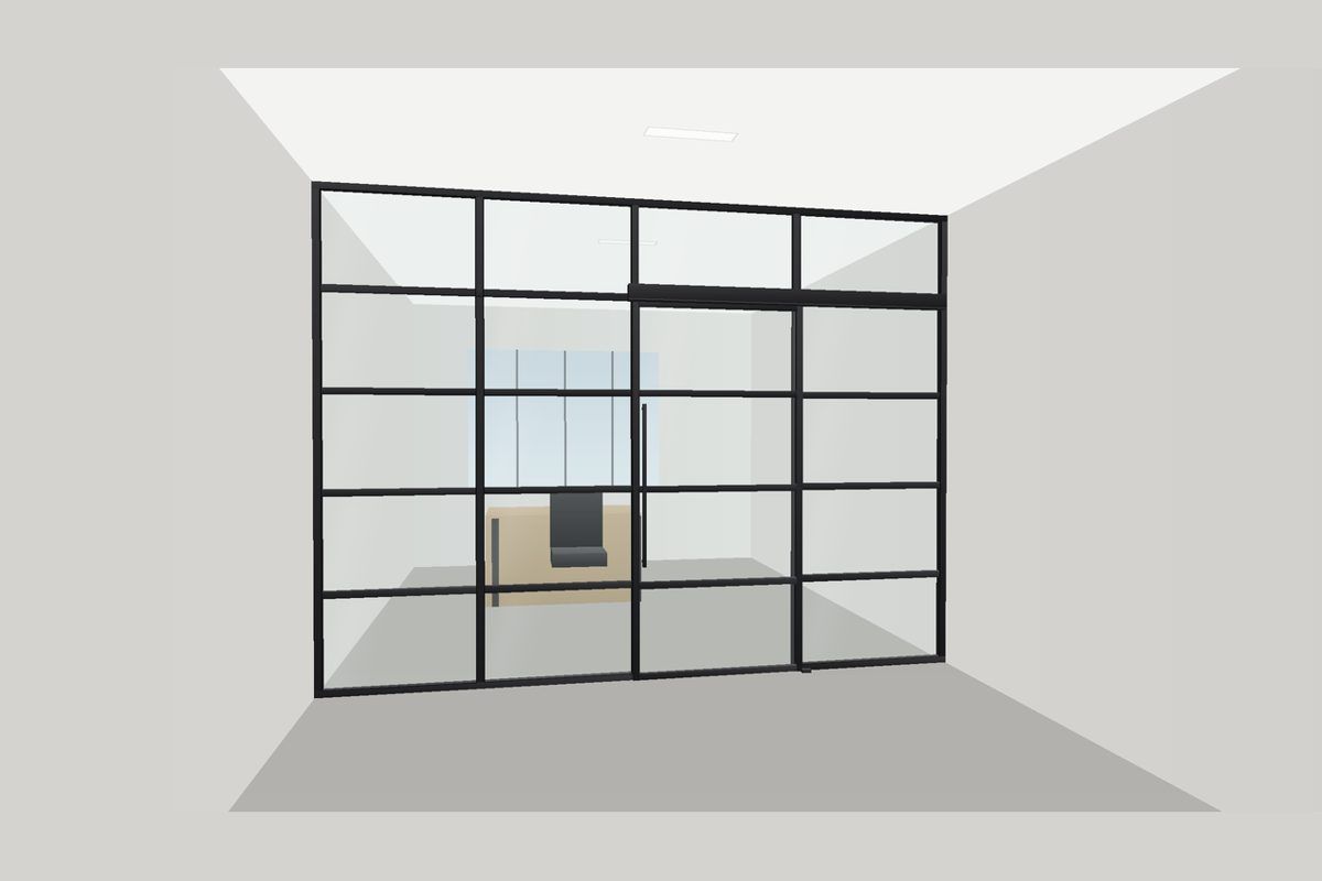 Dibujo de una partición de vidrio con marco delgado de aluminio (Sistema con Marco): Puerta Corrediza (Cuadrícula), en negro mate con vidrio transparente