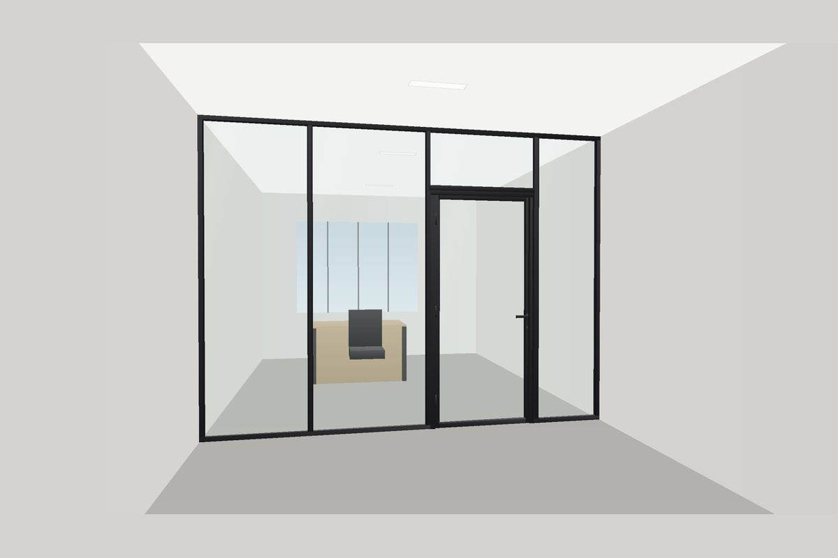 Dibujo de una partición de vidrio con marco delgado de aluminio (Sistema con Marco): Puerta Abatible, en negro mate con vidrio transparente