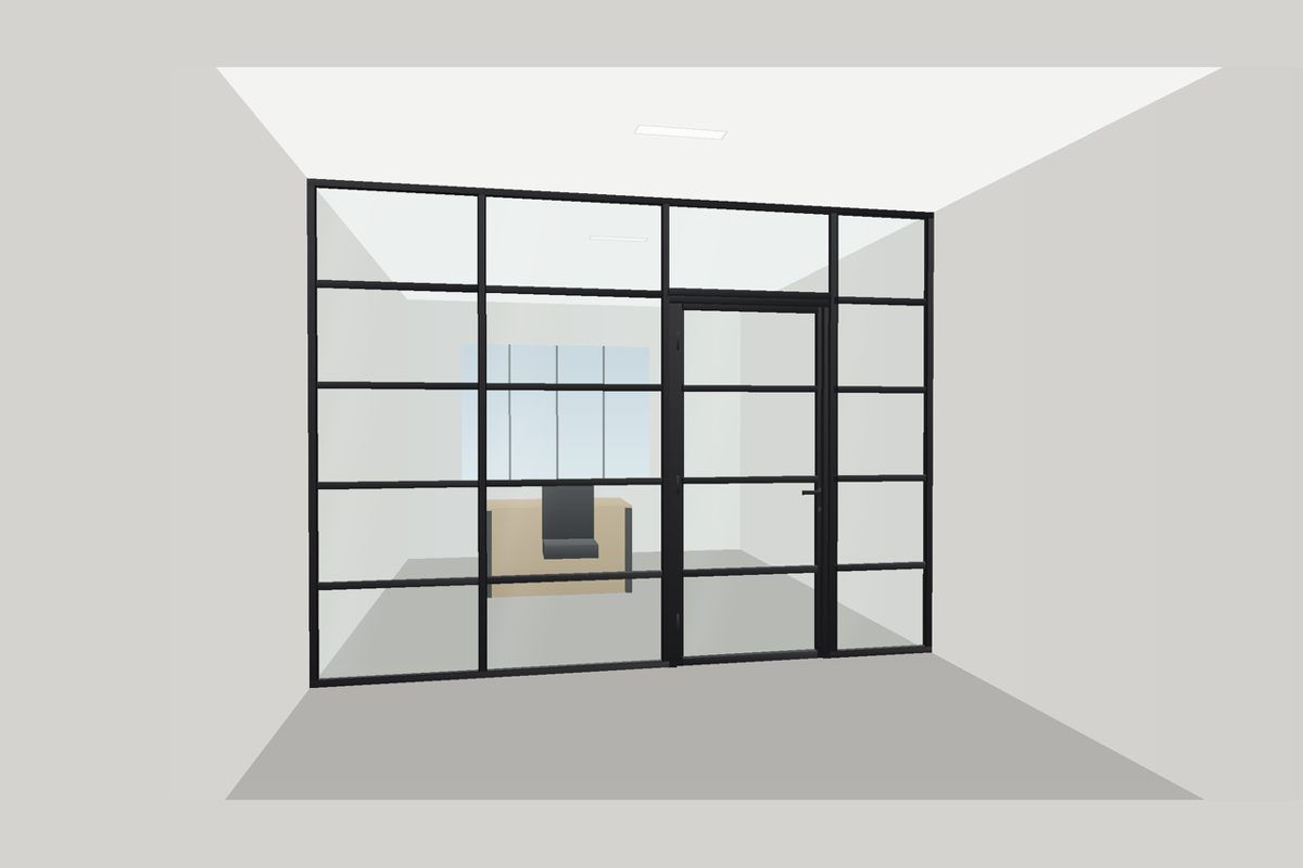 Dibujo de una partición de vidrio con marco delgado de aluminio (Sistema con Marco): Puerta Abatible (Cuadrícula), en negro mate con vidrio transparente
