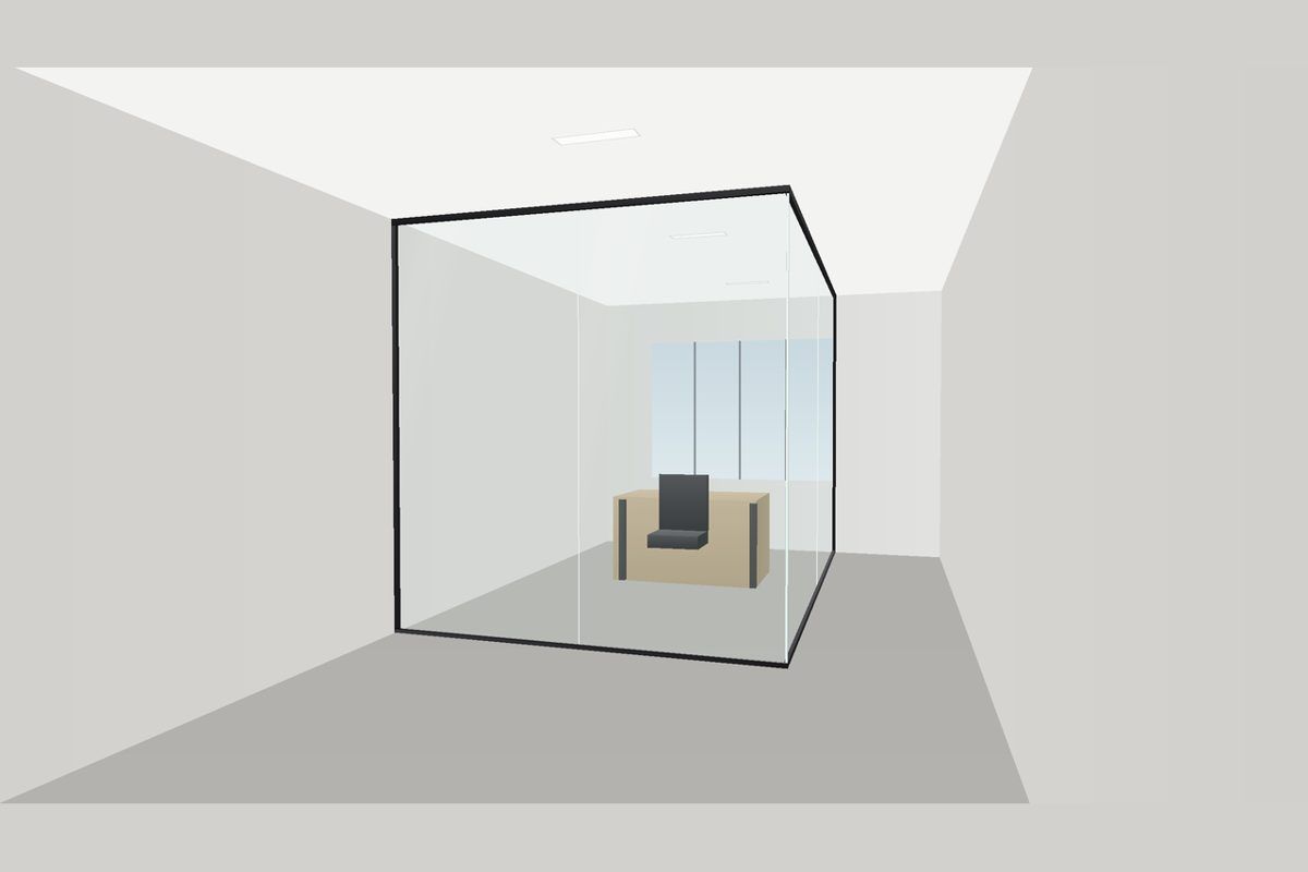 Dibujo de una partición de vidrio sin marco en canales delgados (Sistema Frameless U-Channel): Esquina de 90°, en negro mate con vidrio transparente