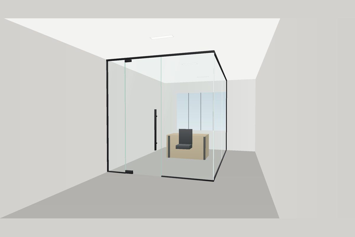 Dibujo de una partición de vidrio sin marco en canales delgados (Sistema Frameless U-Channel): Esquina de 90° con Puerta, en negro mate con vidrio transparente