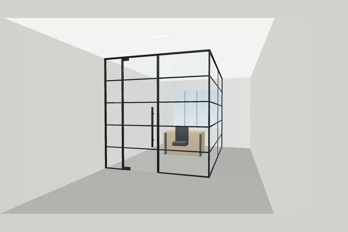 Dibujo de una partición de vidrio sin marco en canales delgados (Sistema Frameless U-Channel): Esquina de 90° con Puerta (Cuadrícula), en negro mate con vidrio transparente