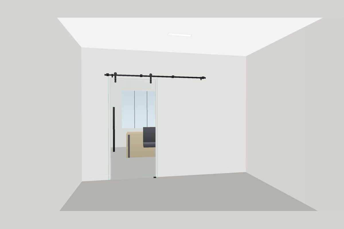 Dibujo de una partición de vidrio sin marco en canales delgados (Sistema Frameless U-Channel): Puerta Tipo Granero, en negro mate con vidrio transparente