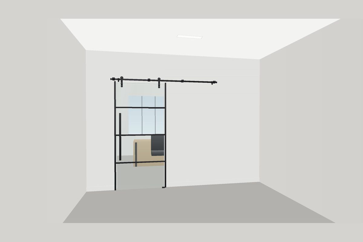 Dibujo de una partición de vidrio sin marco en canales delgados (Sistema Frameless U-Channel): Puerta Tipo Granero (Cuadrícula), en negro mate con vidrio transparente
