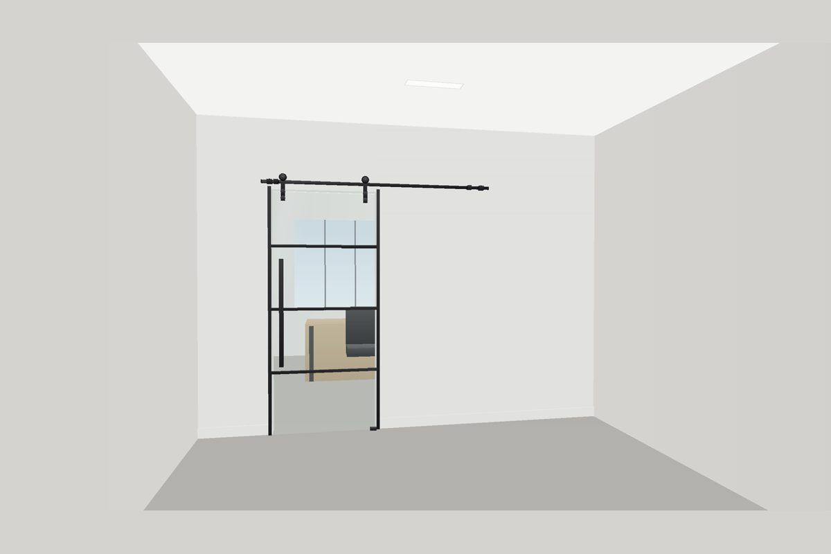 Dibujo de una partición de vidrio sin marco en canales delgados (Sistema Frameless U-Channel): Puerta Tipo Granero (Angosta, hasta 37-3/4