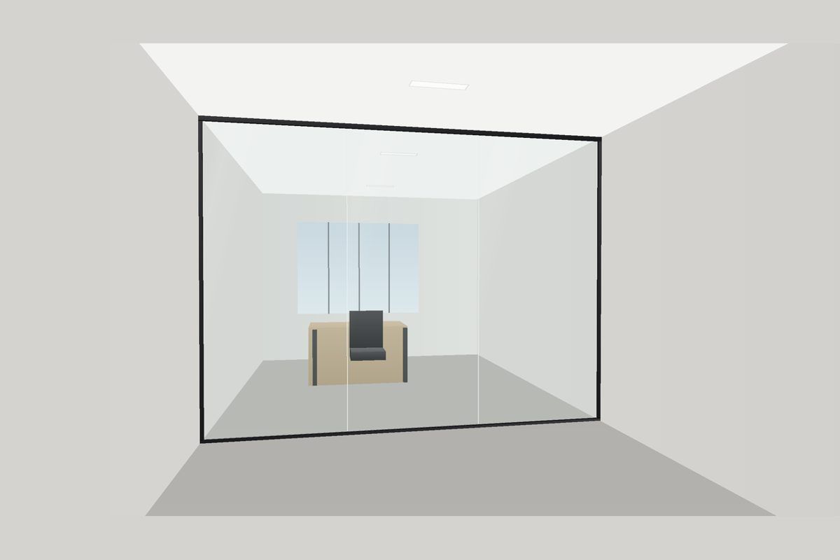 Dibujo de una partición de vidrio sin marco en canales delgados (Sistema Frameless U-Channel): Pared Fija, en negro mate con vidrio transparente