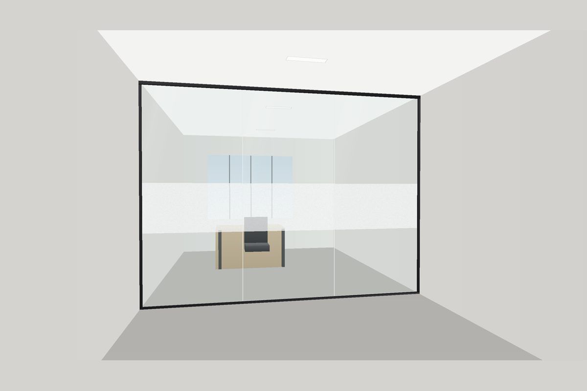 Dibujo de una partición de vidrio sin marco en canales delgados (Sistema Frameless U-Channel): Pared Fija (Franja Esmerilada), en negro mate con vidrio transparente