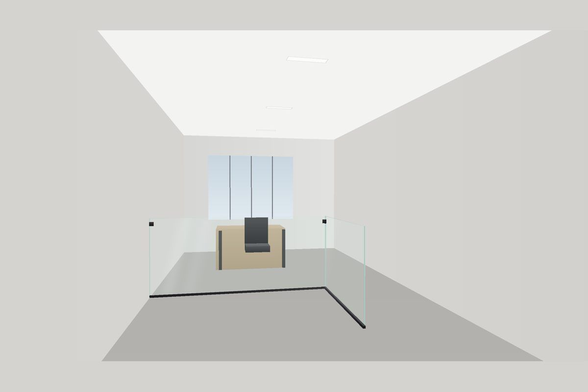 Dibujo de una partición de vidrio sin marco en canales delgados (Sistema Frameless U-Channel): Divisor de Media Altura, en negro mate con vidrio transparente