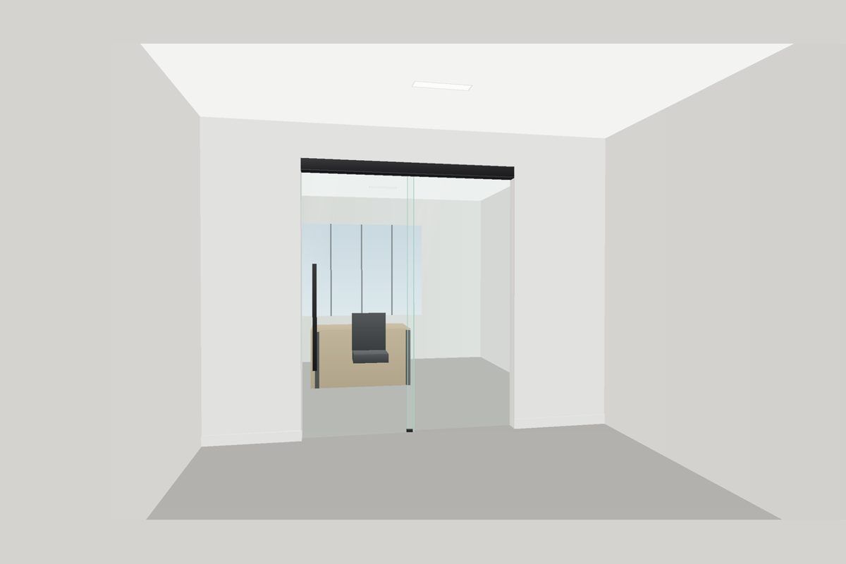Dibujo de una partición de vidrio sin marco en canales delgados (Sistema Frameless U-Channel): Puerta Corrediza, en negro mate con vidrio transparente