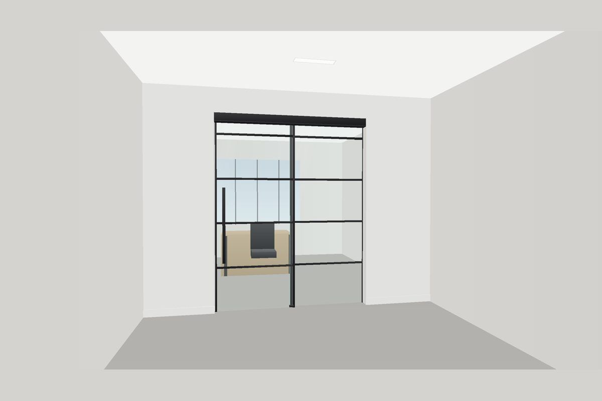 Dibujo de una partición de vidrio sin marco en canales delgados (Sistema Frameless U-Channel): Puerta Corrediza (Cuadrícula), en negro mate con vidrio transparente