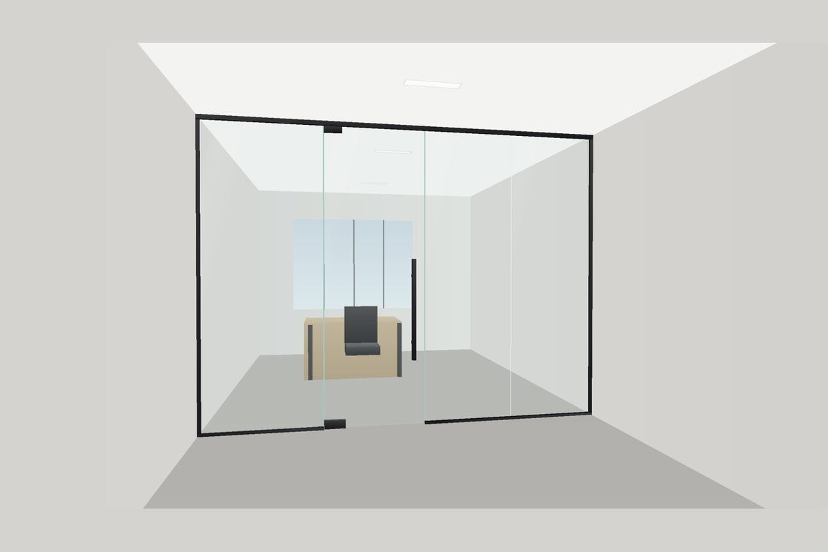 Dibujo de una partición de vidrio sin marco en canales delgados (Sistema Frameless U-Channel): Puerta Abatible, en negro mate con vidrio transparente