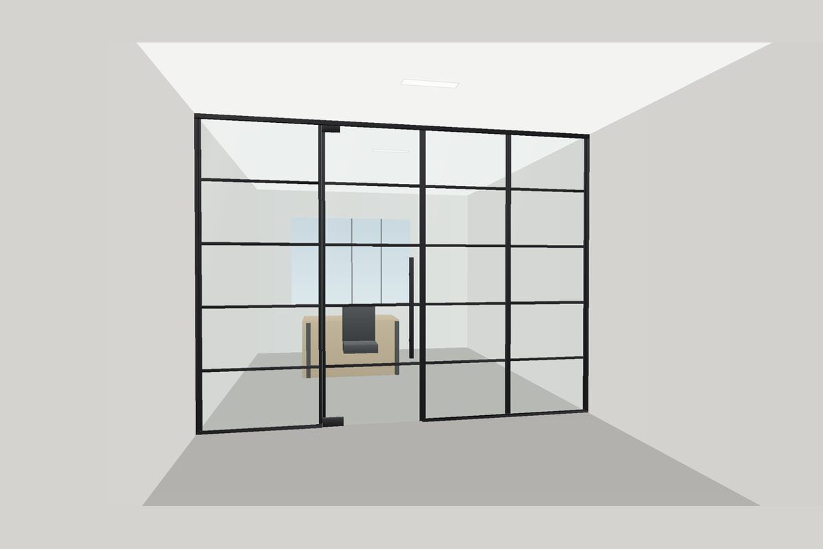 Dibujo de una partición de vidrio sin marco en canales delgados (Sistema Frameless U-Channel): Puerta Abatible (Cuadrícula), en negro mate con vidrio transparente