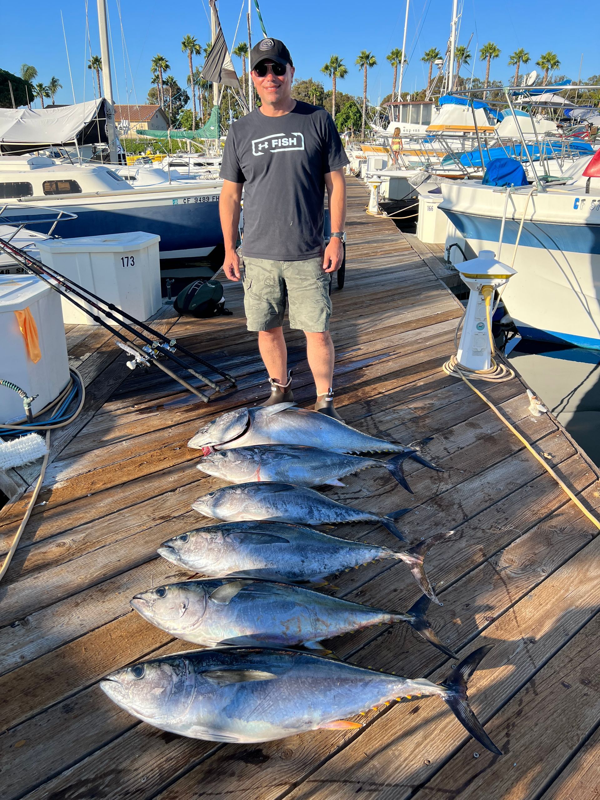 A man is standing on a dock holding a bunch of fish.