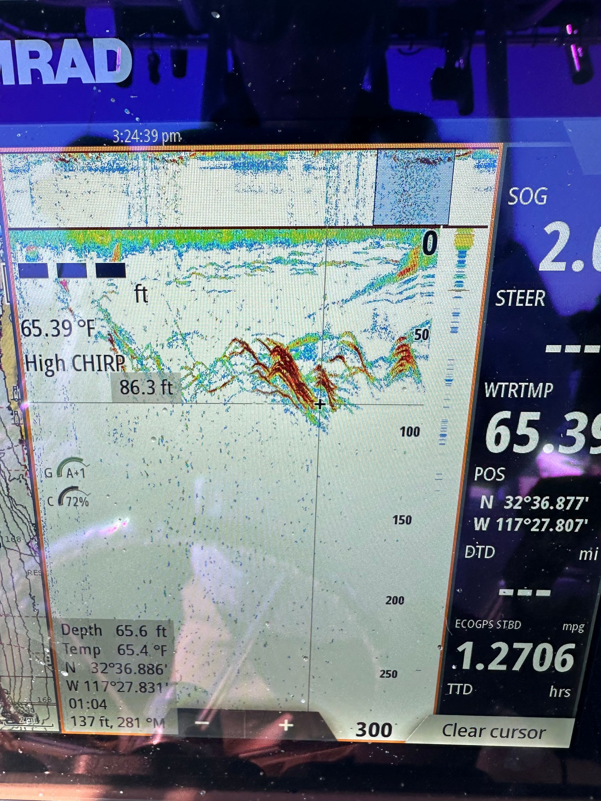 A radar screen shows a map of the ocean