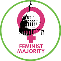 Pink feminist symbol with U.S. Capitol silhouette and the words “Feminist Majority” inside a green circle