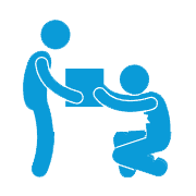 Blue stick figure giving a box to another stick figure kneeling down.