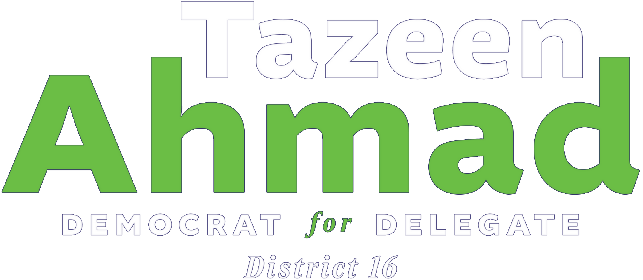 Dark blue and lime green logo for Tazeen Ahmad, democrat for delegate