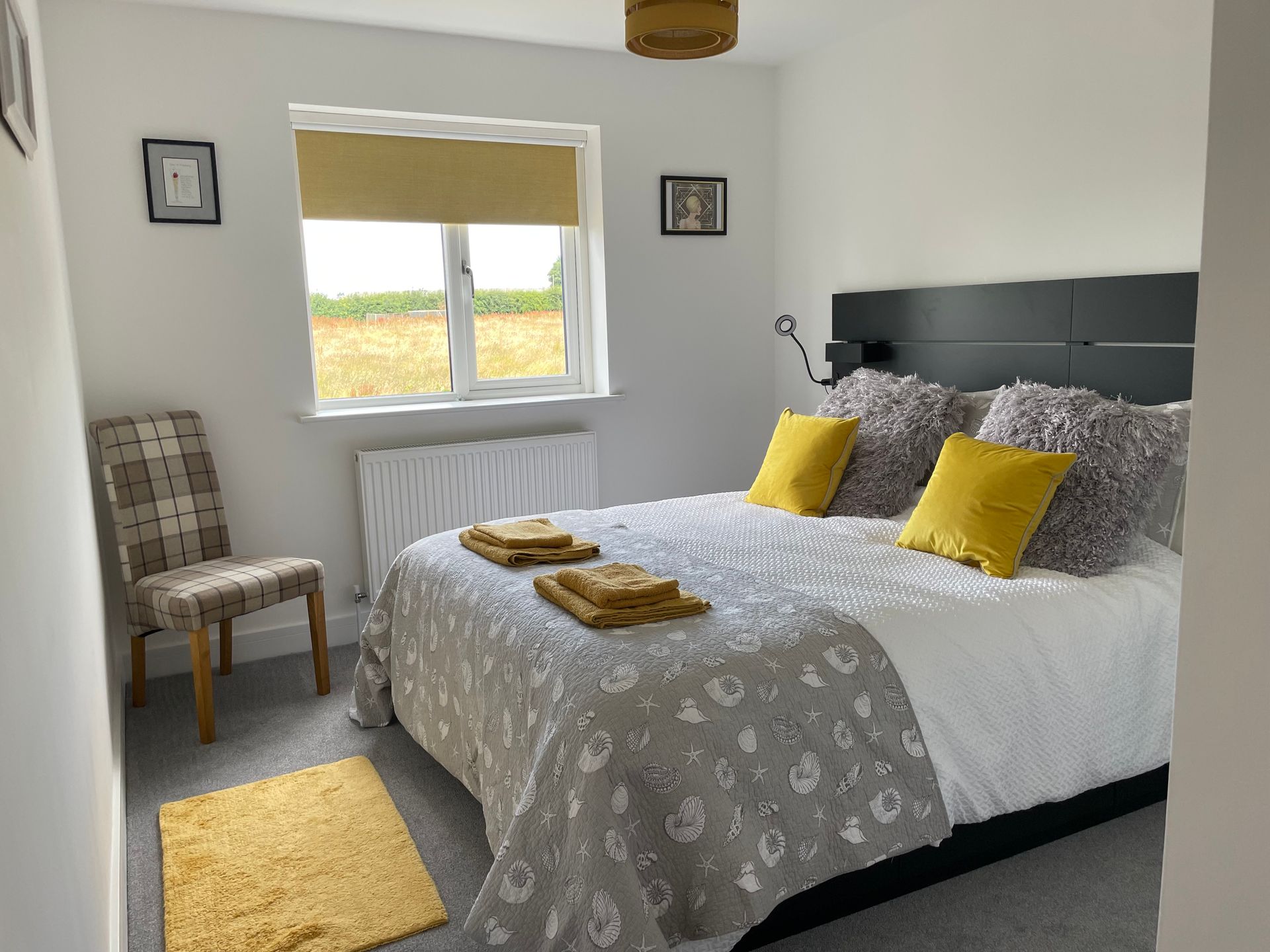 A bedroom with a bed , chair , rug and window.