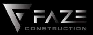 Faze Construction logo in black and gray on a dark background