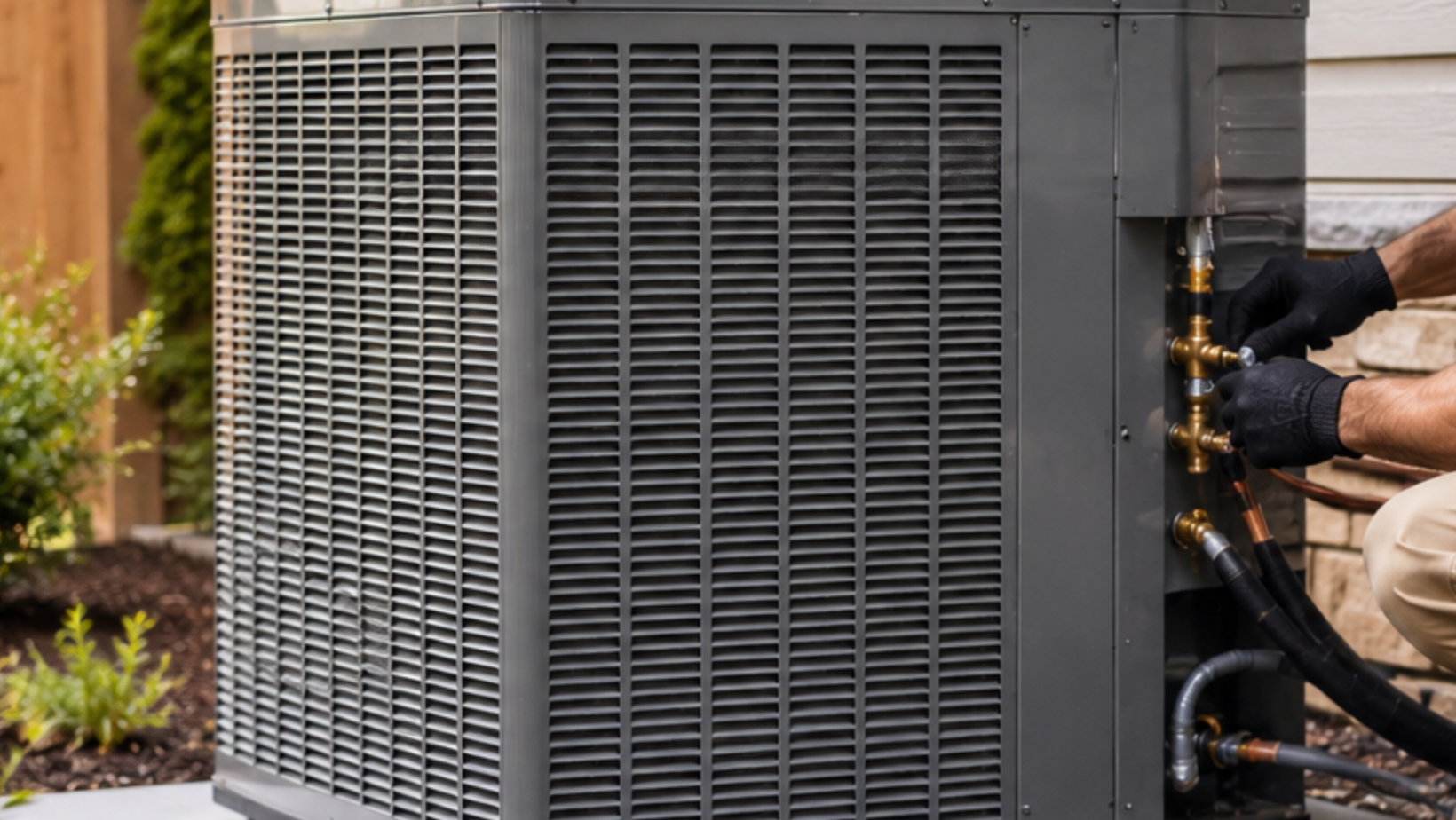 Close-up of a gray HVAC unit with a technician connecting copper refrigerant lines.