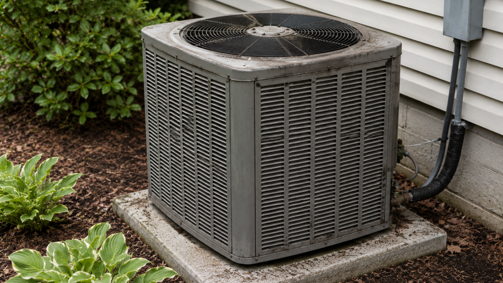 Outdoor air conditioning unit beside house siding and garden plants