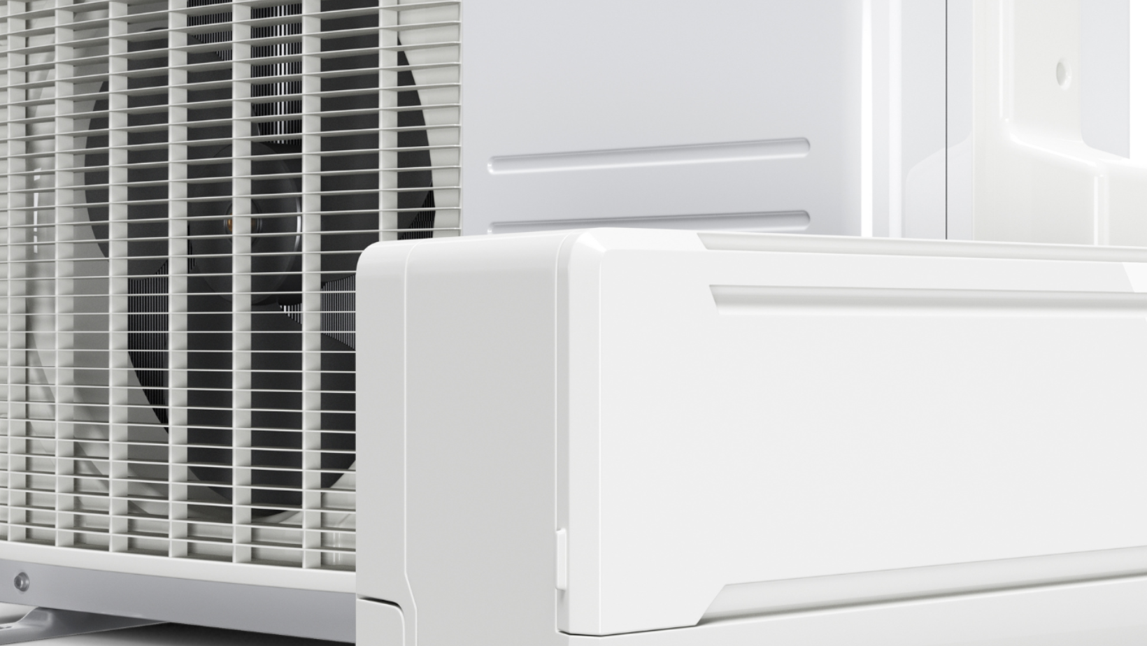 White window air conditioner installed in a window, with vented front grille and side panels