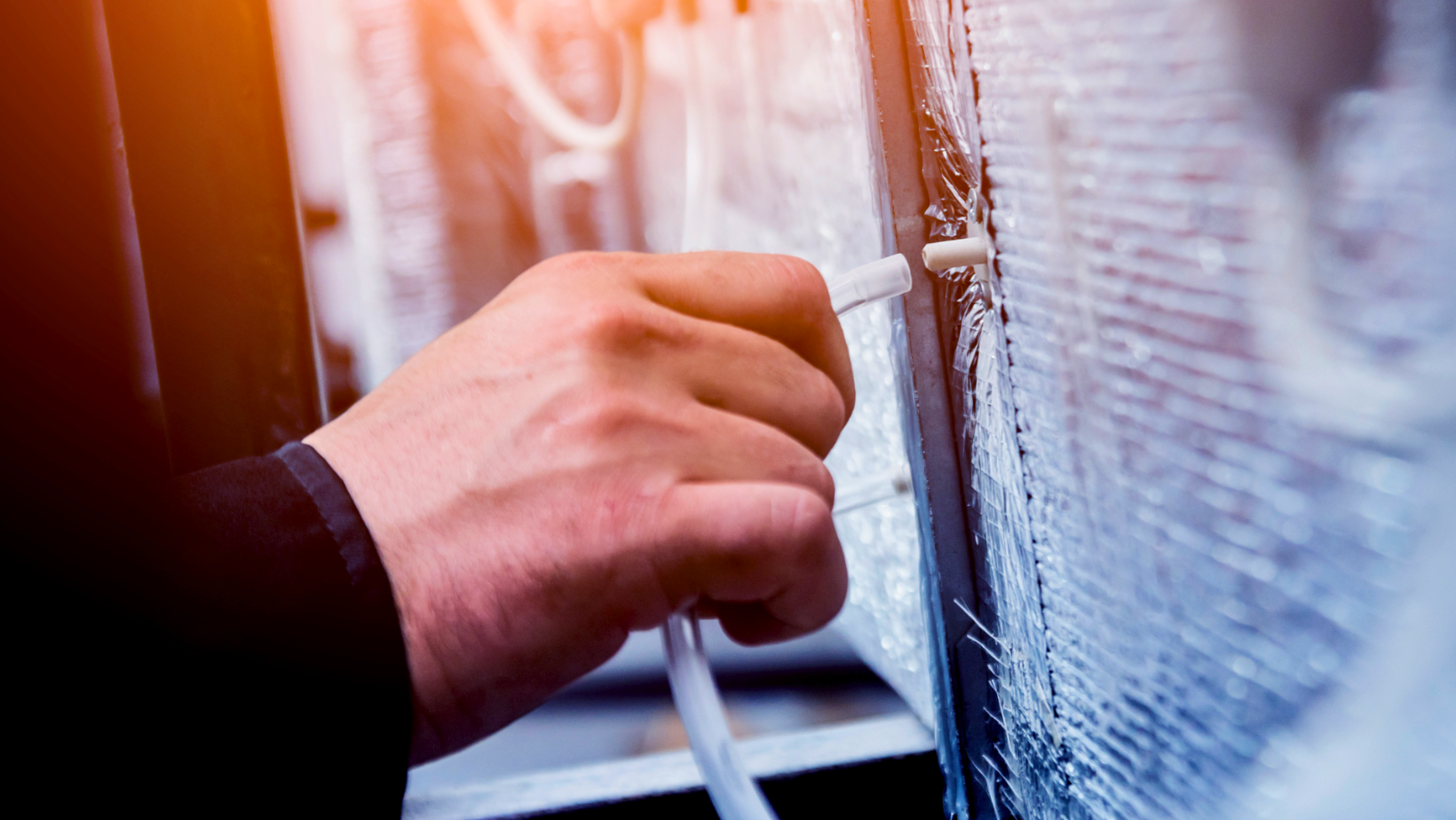 Hand gripping a white cable near a window, with a blue textured wall in the background