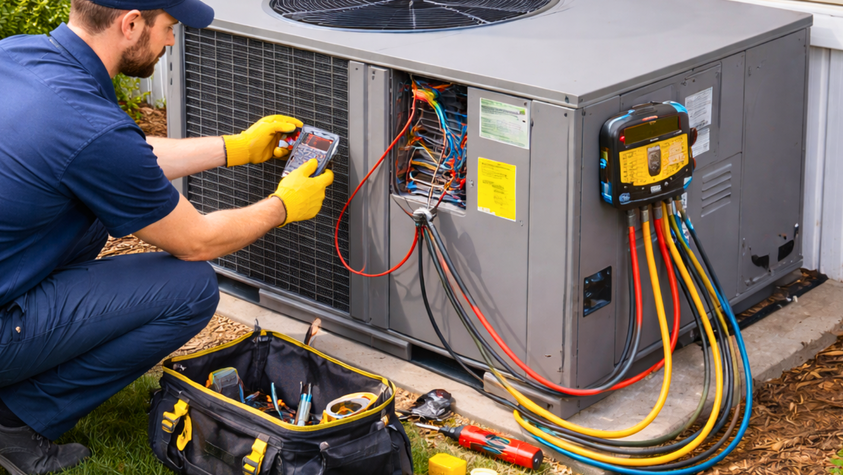 Technician testing HVAC unit outdoors with tools and colorful cables connected to an open panel