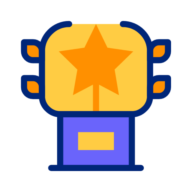 Stylized gold trophy with blue base and orange star emblem