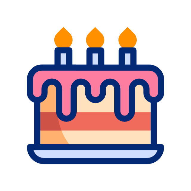 Stylized pink birthday cake with blue icing, orange flames, and a white plate base.
