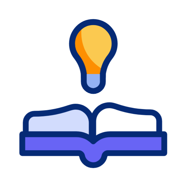Open book with a glowing light bulb above it, in blue, yellow, and purple outline