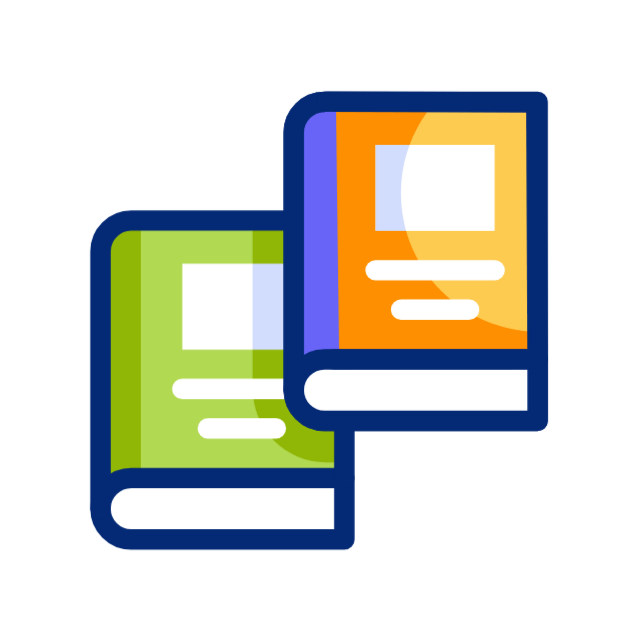 Two overlapping book icons, green and orange, with blue outlines