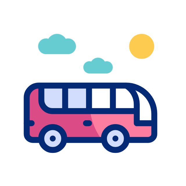Pink and blue bus icon under clouds and a sun