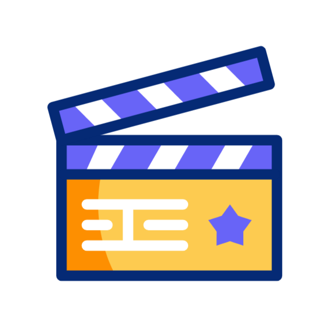 Illustrated film clapperboard with purple stripes and a yellow ticket icon on the front