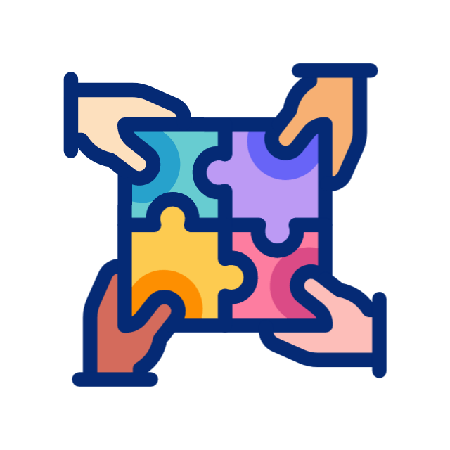 Hands fitting colorful jigsaw puzzle pieces together in a square icon