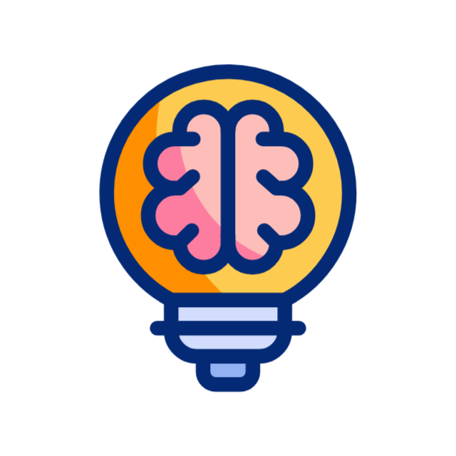 Colorful lightbulb icon with a pink brain inside, outlined in blue and yellow.