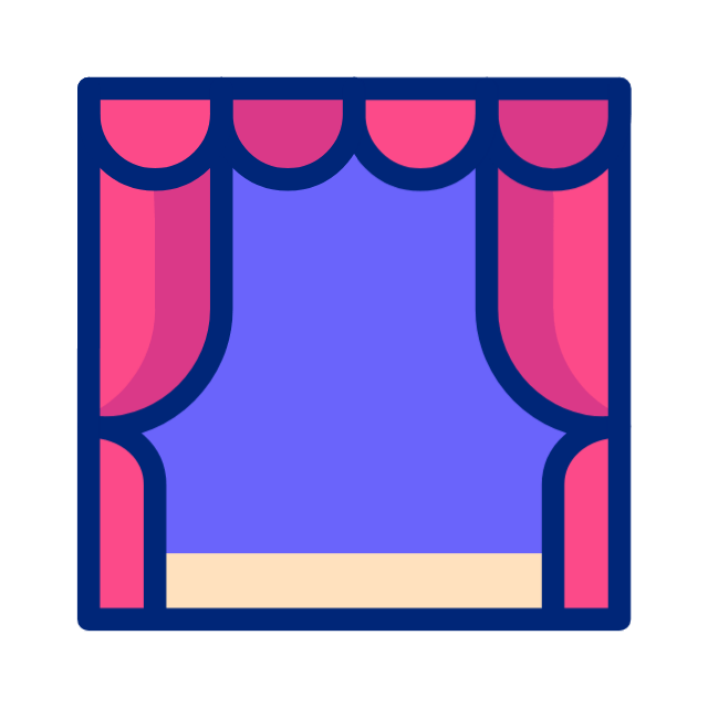 Stylized theater stage with pink curtains, blue backdrop, and beige floor