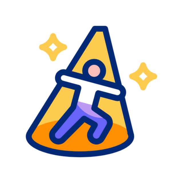 Colorful party hat icon with a dancing figure and sparkles in yellow, purple, and orange