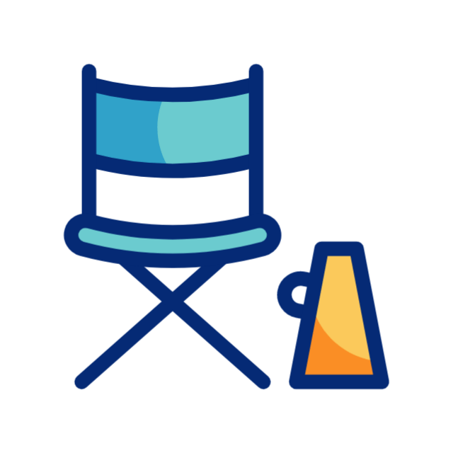 Blue folding chair beside a yellow-orange megaphone icon
