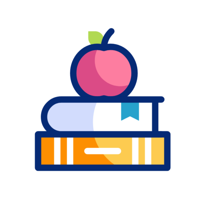 Stacked books with an apple on top in a colorful classroom-style icon
