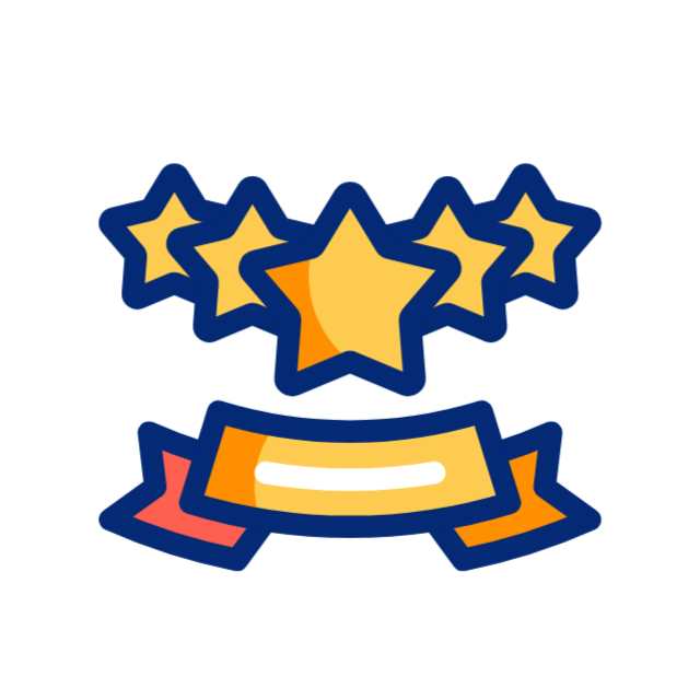 Five gold stars above a blue-and-gold ribbon banner on a white background