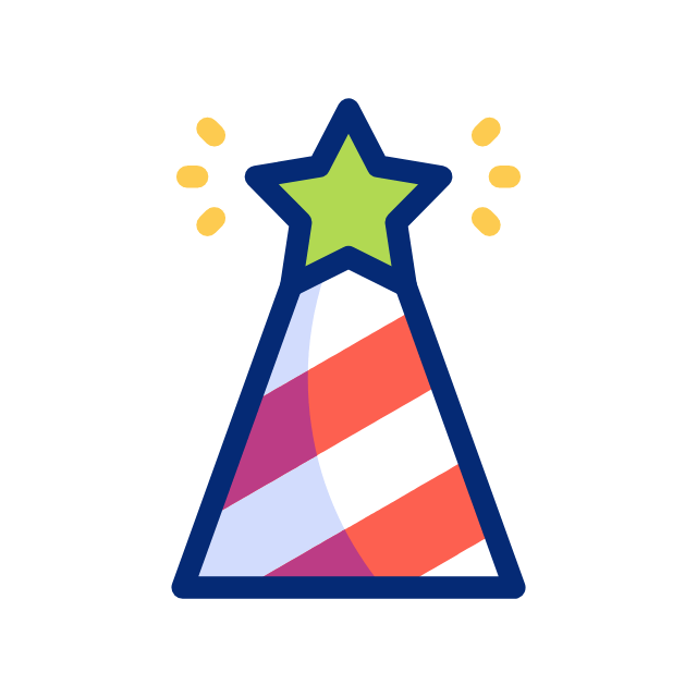 Celebration cone hat with green star and colorful confetti stripes
