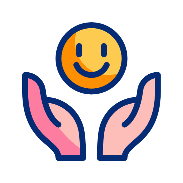 Smiling face above two open hands, with pink and blue outlines and a simple icon style