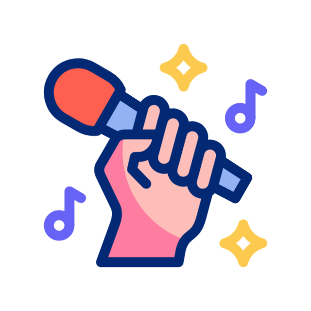 Hand holding a microphone with music notes and sparkles, in pink, blue, and yellow