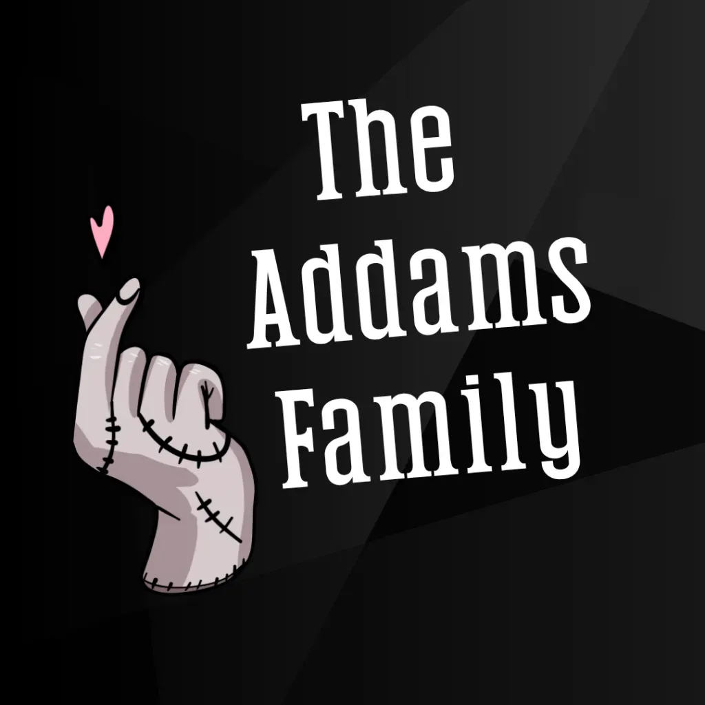 The Addams Family title with a stitched hand making a finger heart on a black background