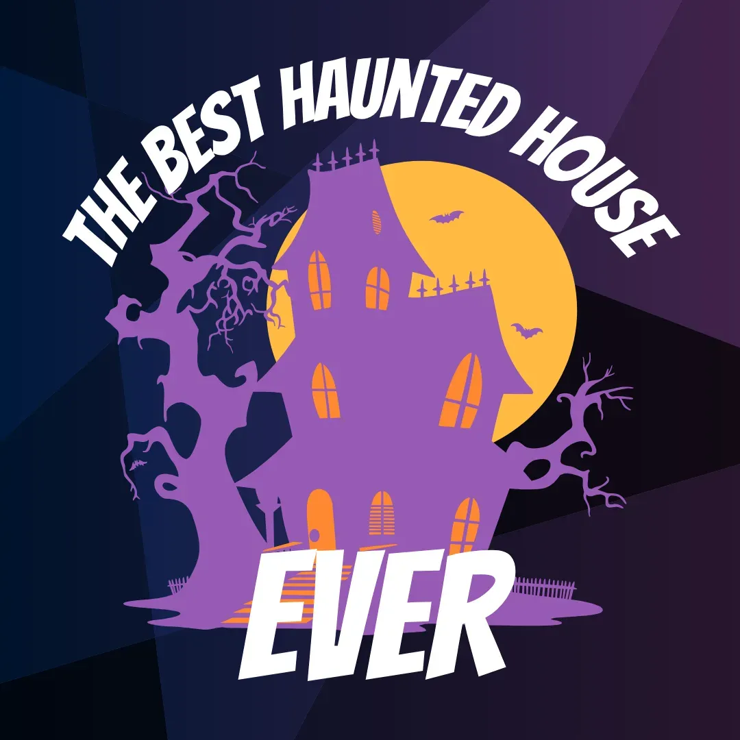 Purple haunted house logo with moon, spooky trees, and text “THE BEST HAUNTED HOUSE EVER”