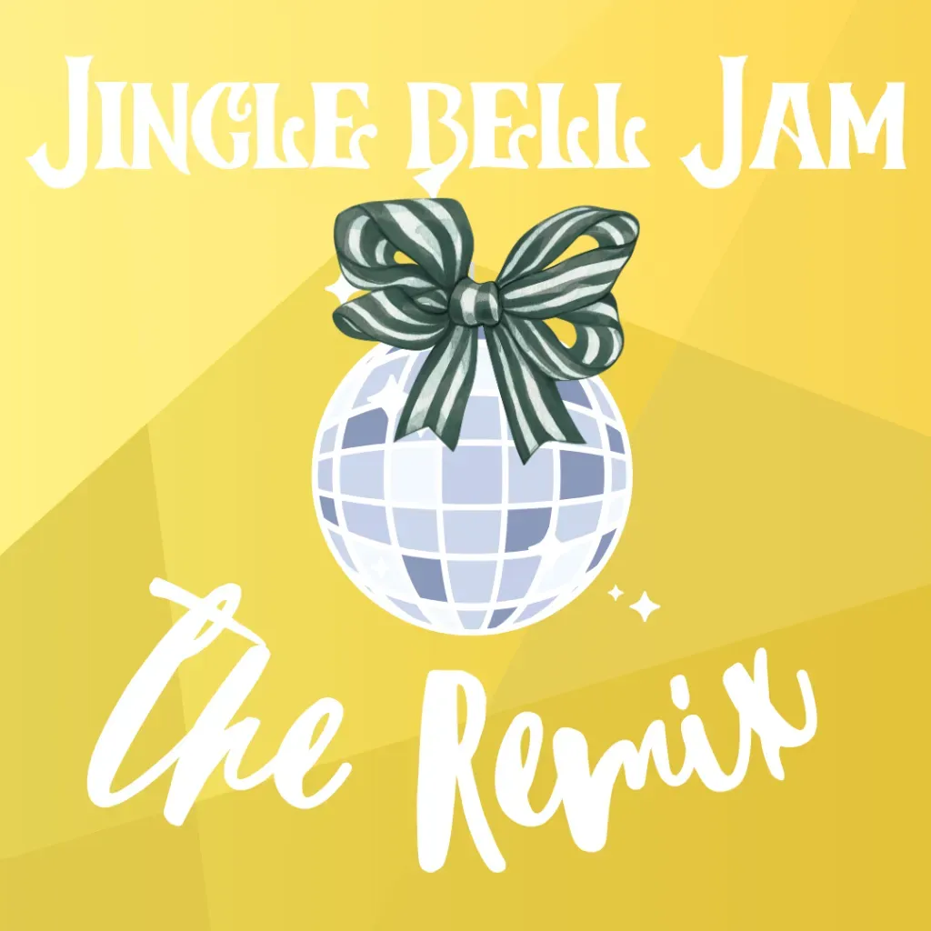 Gold holiday flyer with a mirrored ornament and ribbon, reading “Jingle Bell Jam” and “The Remix”
