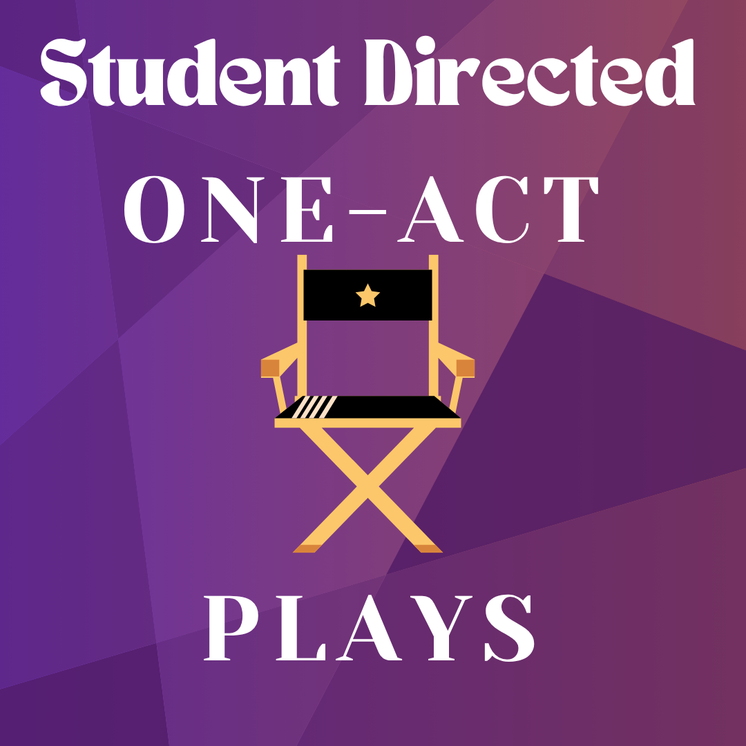 Student-directed one-act plays poster with orange geometric background and a spotlighted stage icon