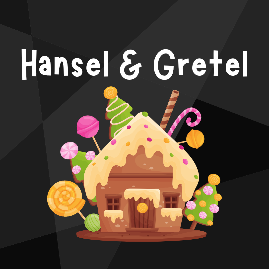 Illustration of a candy-covered gingerbread house with colorful lollipops and sweets beneath the title 'Hansel & Gretel' on a dark background