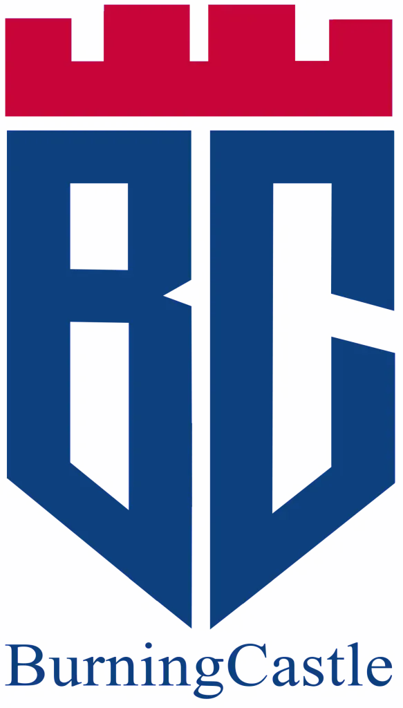 BurningCastle logo with blue castle shield and red battlements on white background